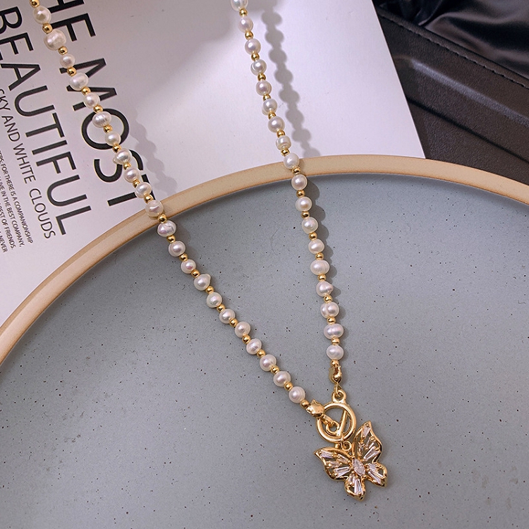 Korea buy natural freshwater exquisite pearl necklace light luxury super fairy micro inlaid zircon butterfly clavicle chain pendant 